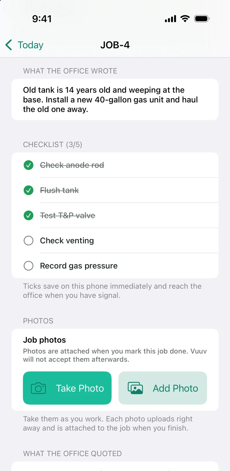 The same job's checklist on the phone, 3 of 5 ticked, with what the office wrote and buttons to add photos