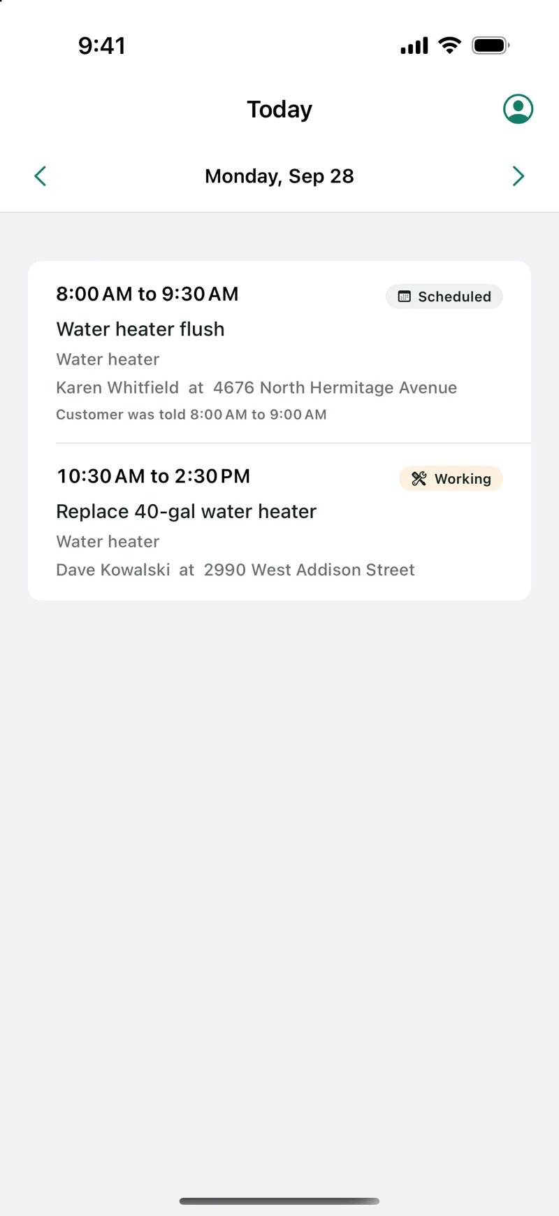 Marcus Bell's day in the Grindstone app: a water heater flush, scheduled, and a water heater replacement, in progress