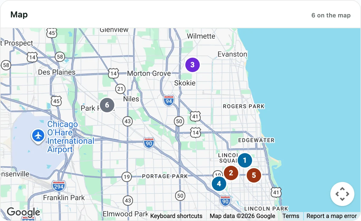 The dispatch map: six numbered pins across Chicago and its north suburbs, colored by technician