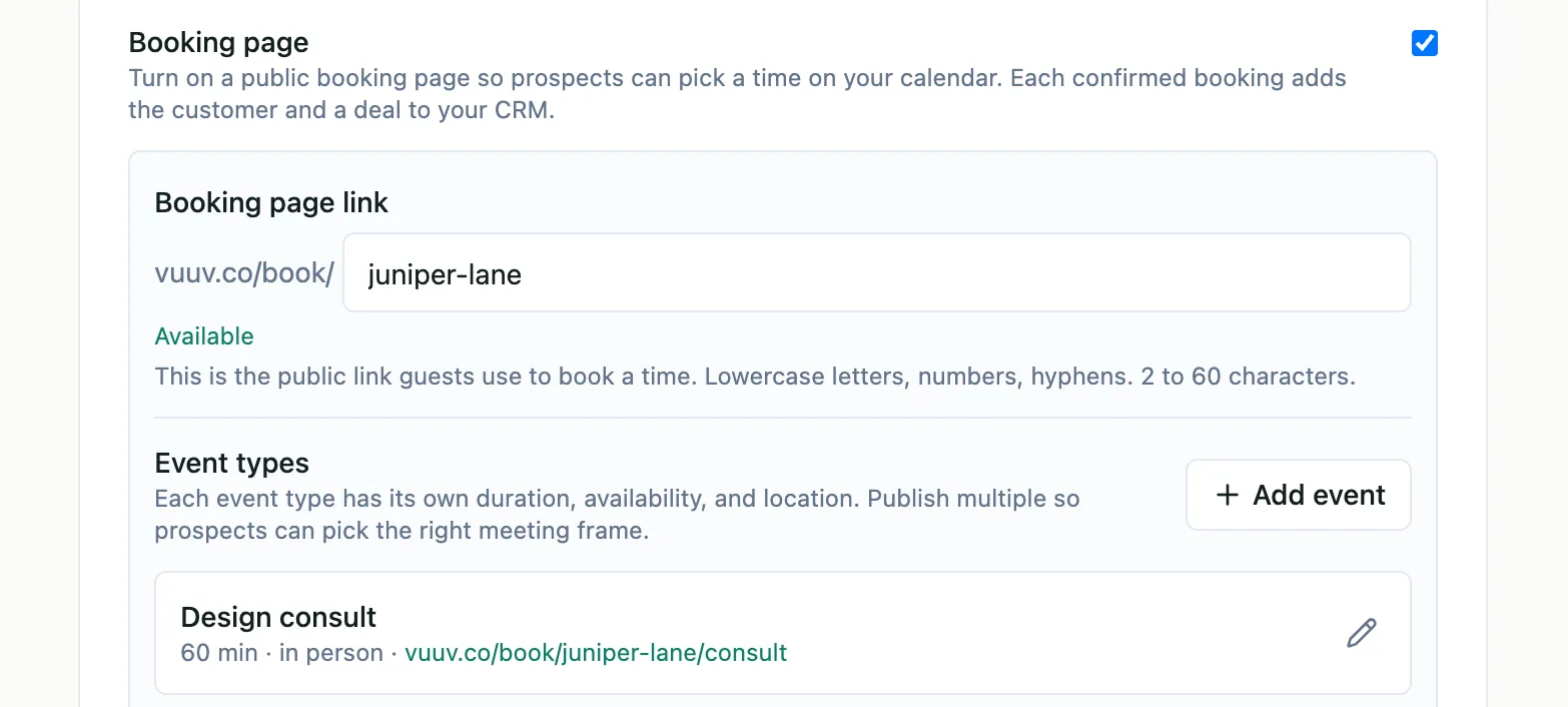 The booking page in Velvet's settings: the link vuuv.co/book/juniper-lane and a one-hour design consult