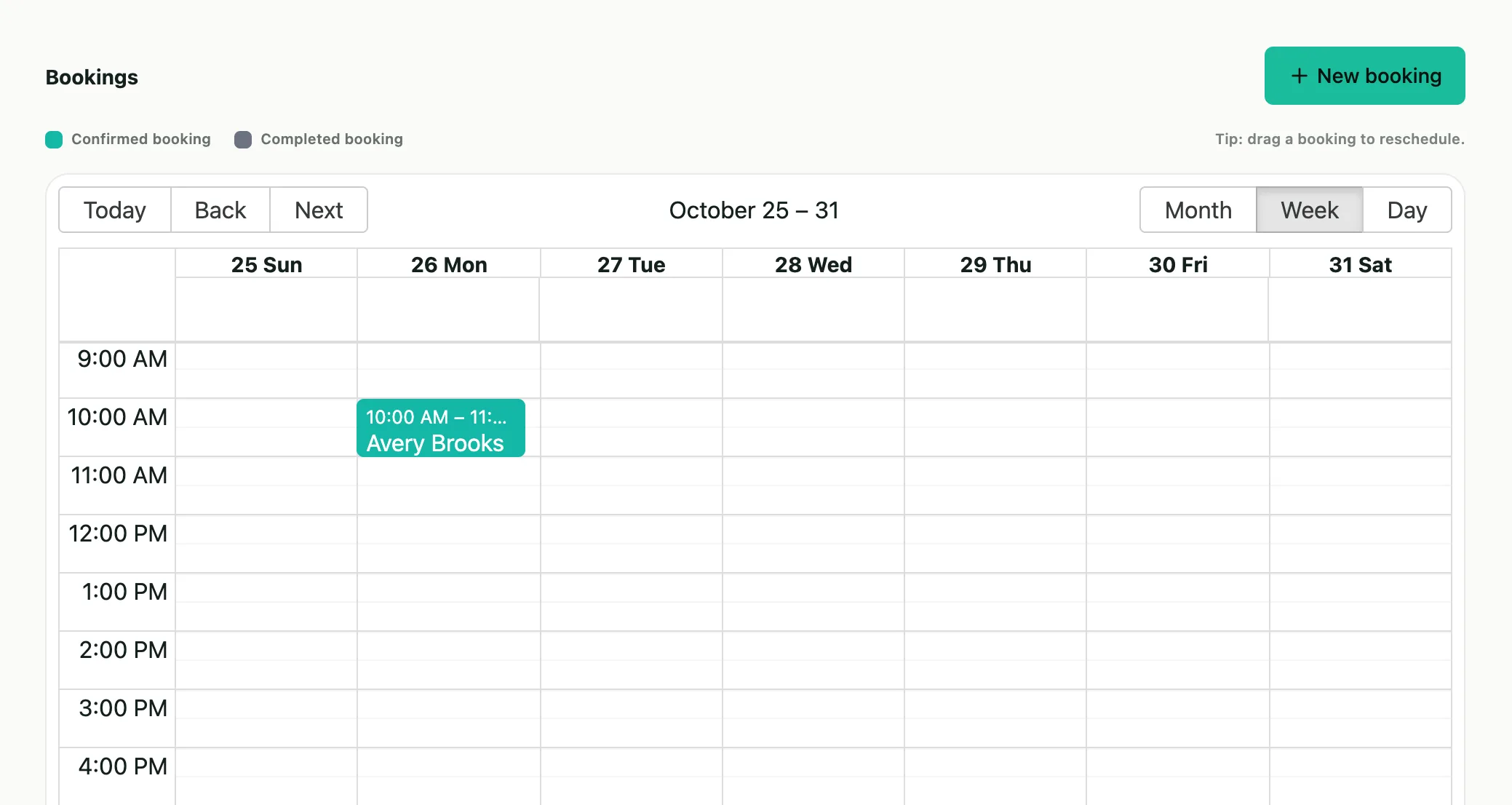 Velvet's bookings calendar for the week, with a confirmed booking and the New booking button