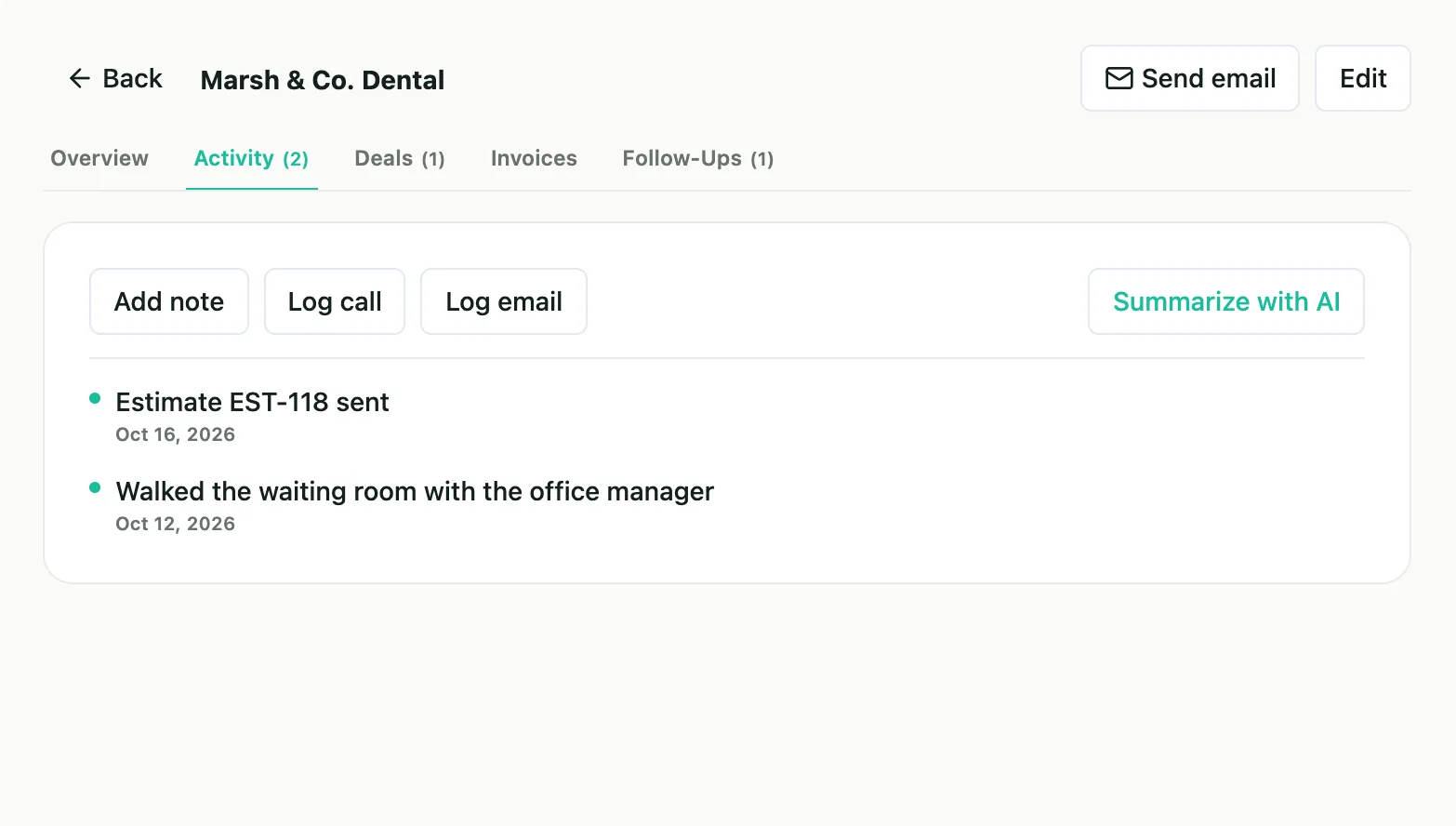 A customer in Velvet: the activity timeline with Add note, Log call, Log email and Summarize with AI