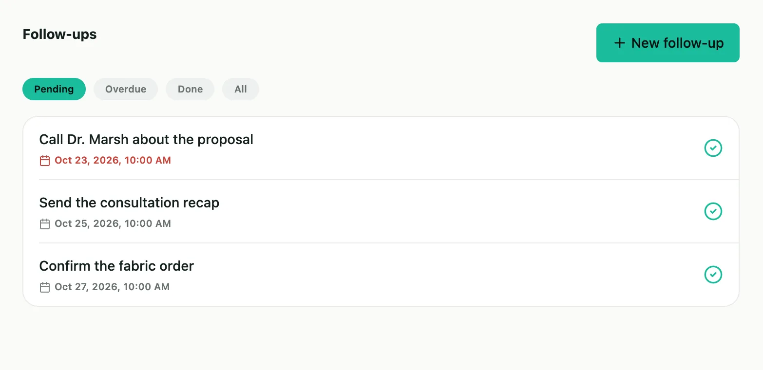 Follow-ups in Velvet: pending follow-ups, each with its customer and due date, and the filters for pending, overdue, done and all