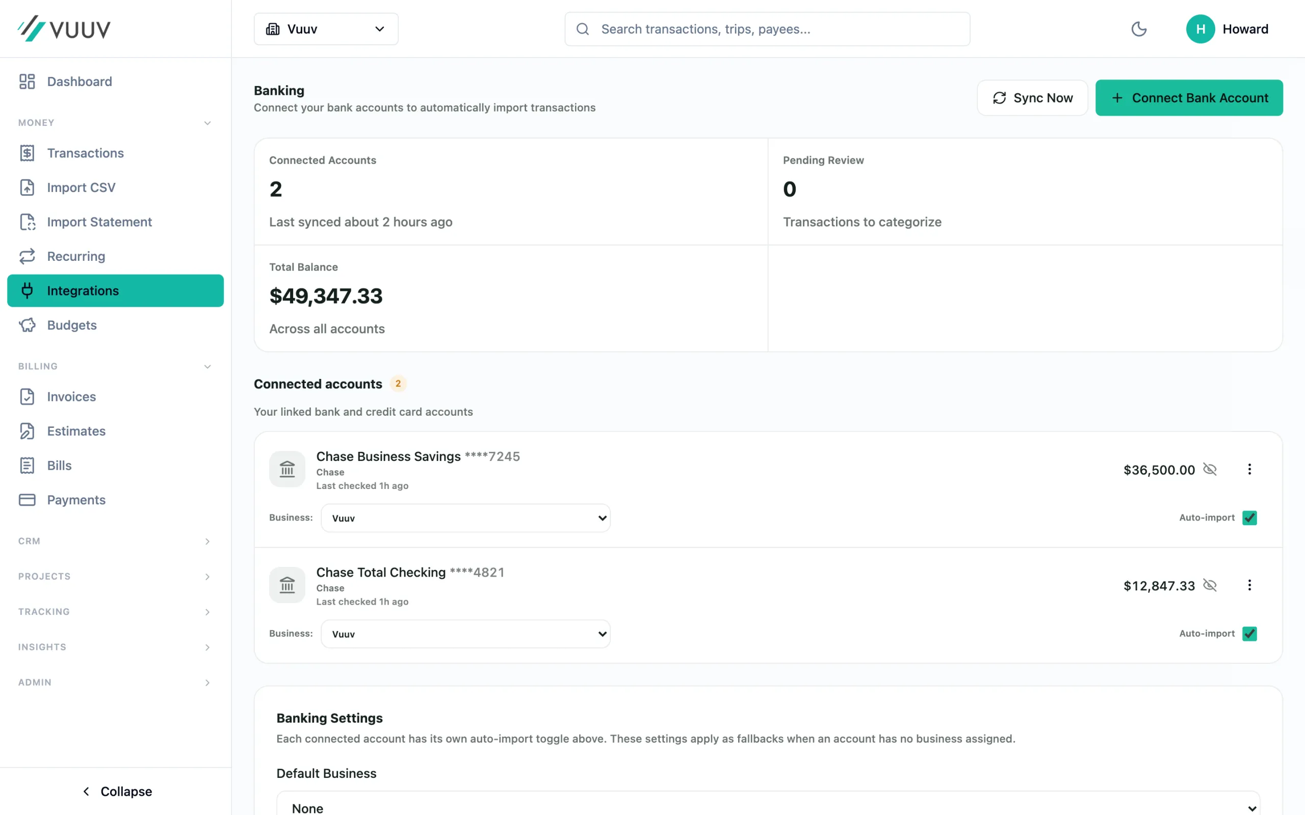 Connected bank accounts syncing into Vuuv, with balances and auto-import for each
