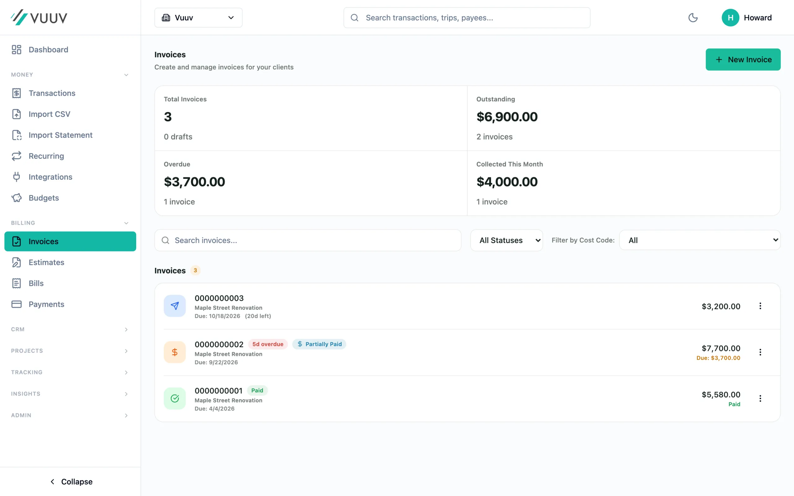 Invoices in Vuuv: outstanding, overdue and collected this month, with each invoice's status