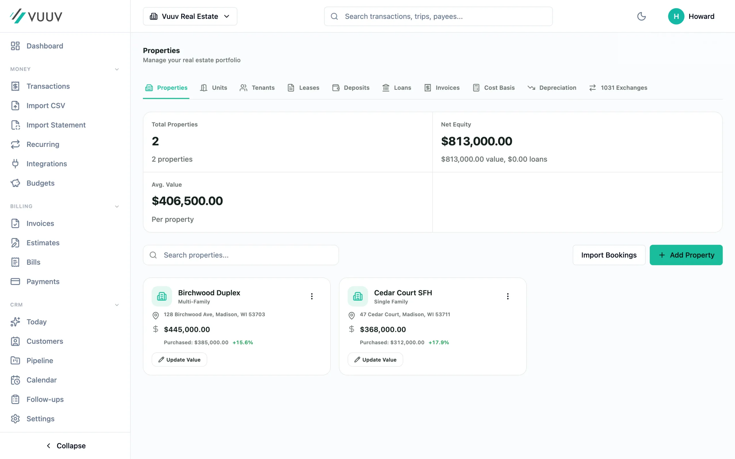 Properties in Vuuv: each property's value, purchase price and gain