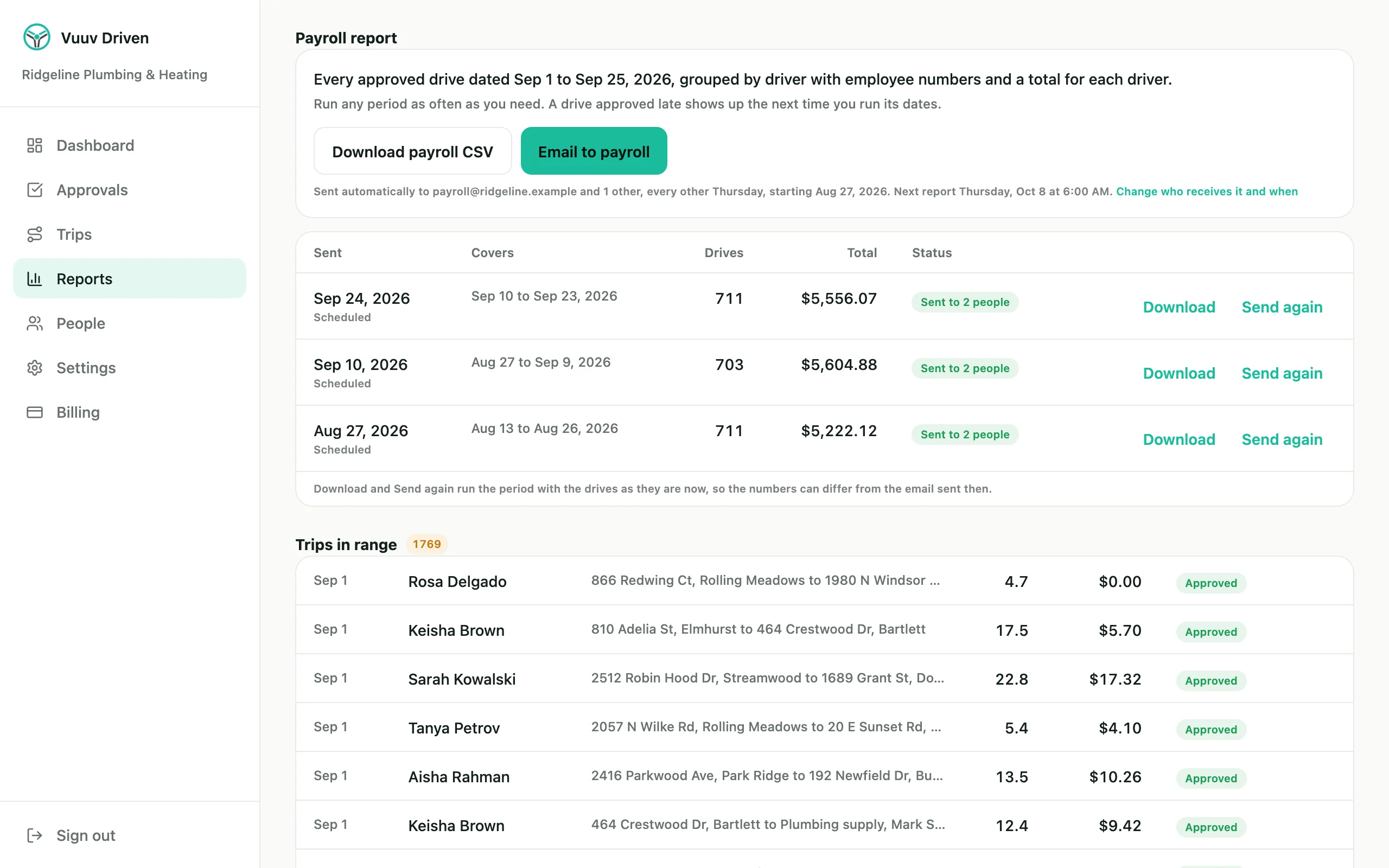 The payroll report on Reports: download or email a date range, and the reports already sent