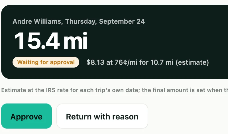 A waiting drive in the admin: miles, the estimated amount at 76 cents a mile, and Approve or Return with reason
