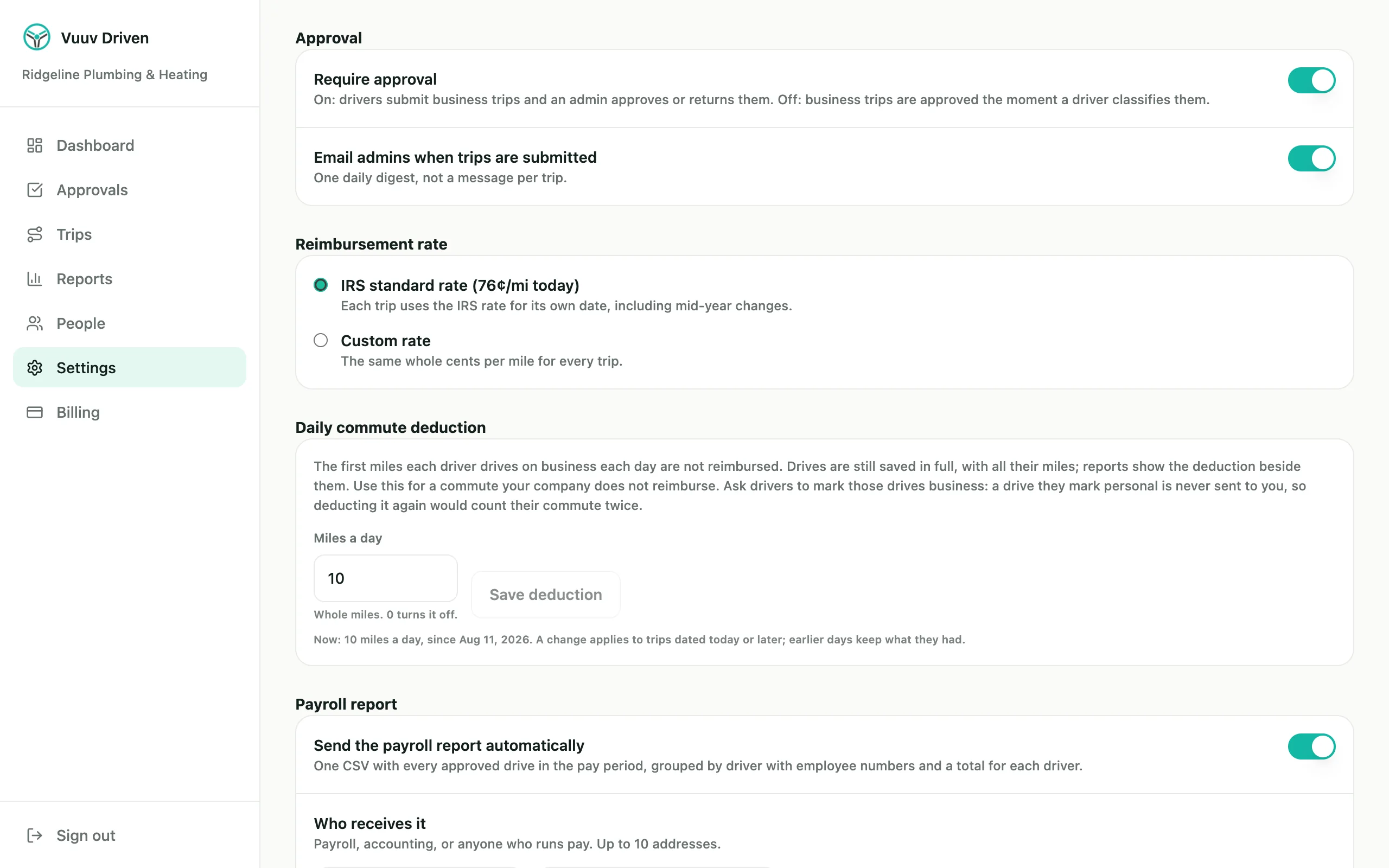 Company settings: approval, the reimbursement rate and the daily commute deduction