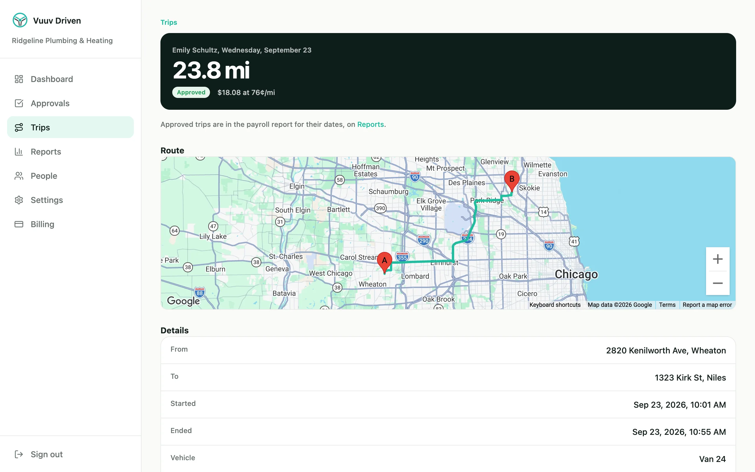 An approved drive in the admin: miles, amount at 76 cents a mile, and its route on a map