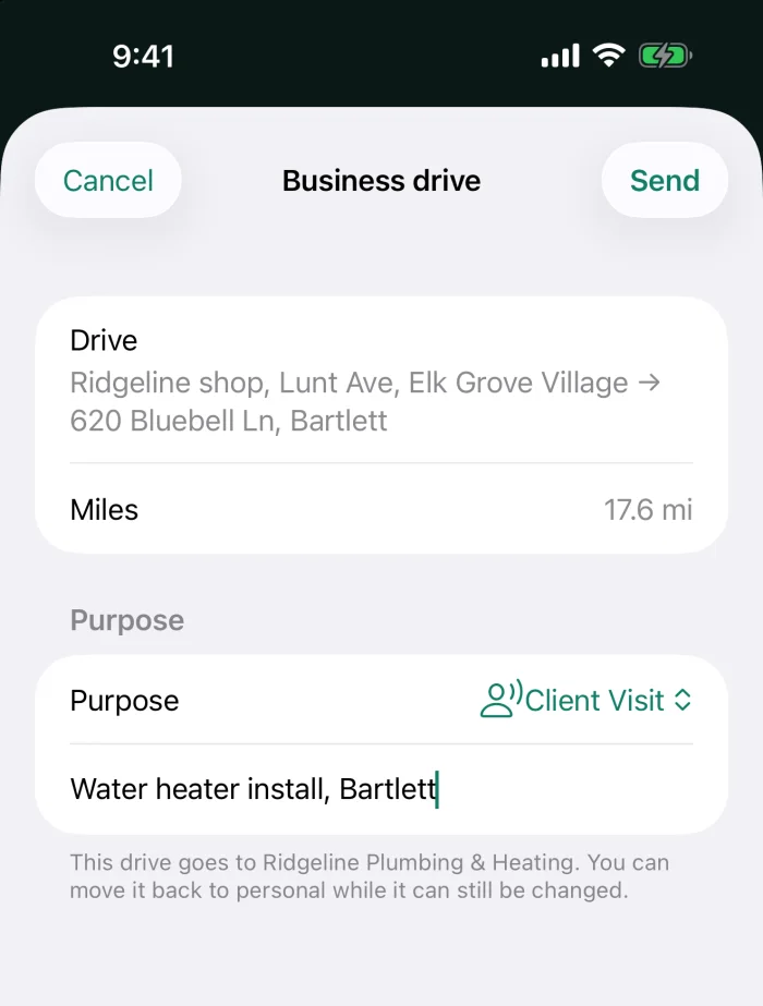 Marking a drive as business with a purpose and a note