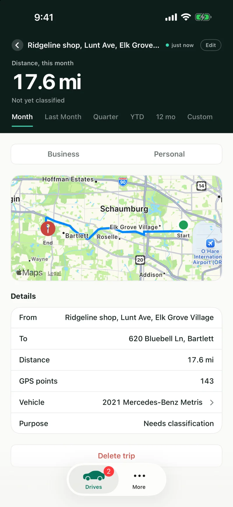 A drive in the app, with its route on a map