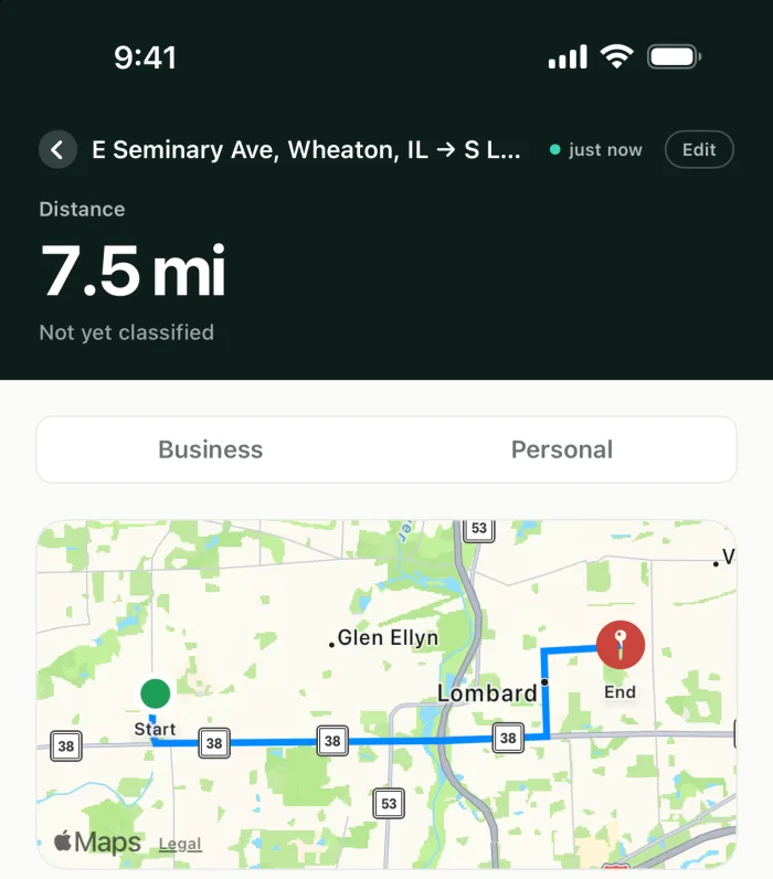 A new drive with its route on a map, waiting to be marked business or personal