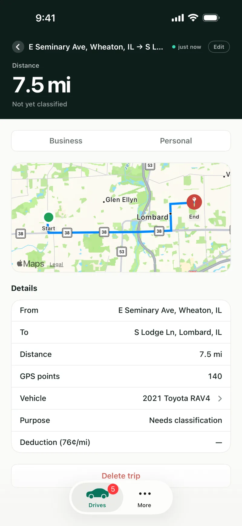 A new drive with its route on a map, waiting to be marked business or personal
