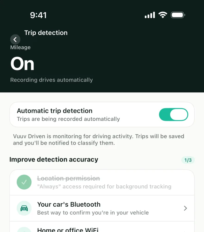 Drive detection switched on, with location allowed all the time