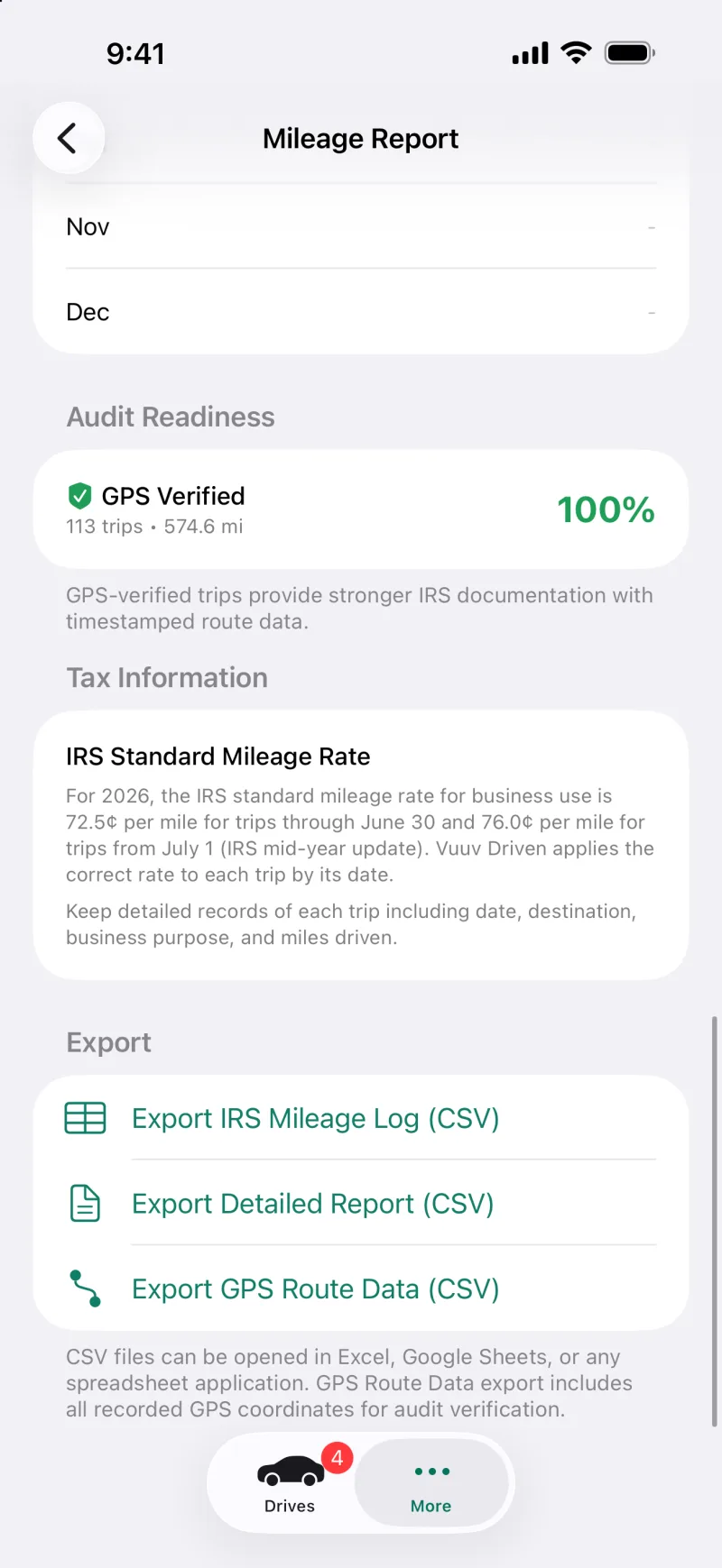The three exports: the IRS mileage log, a detailed report and the GPS route data, each as a CSV