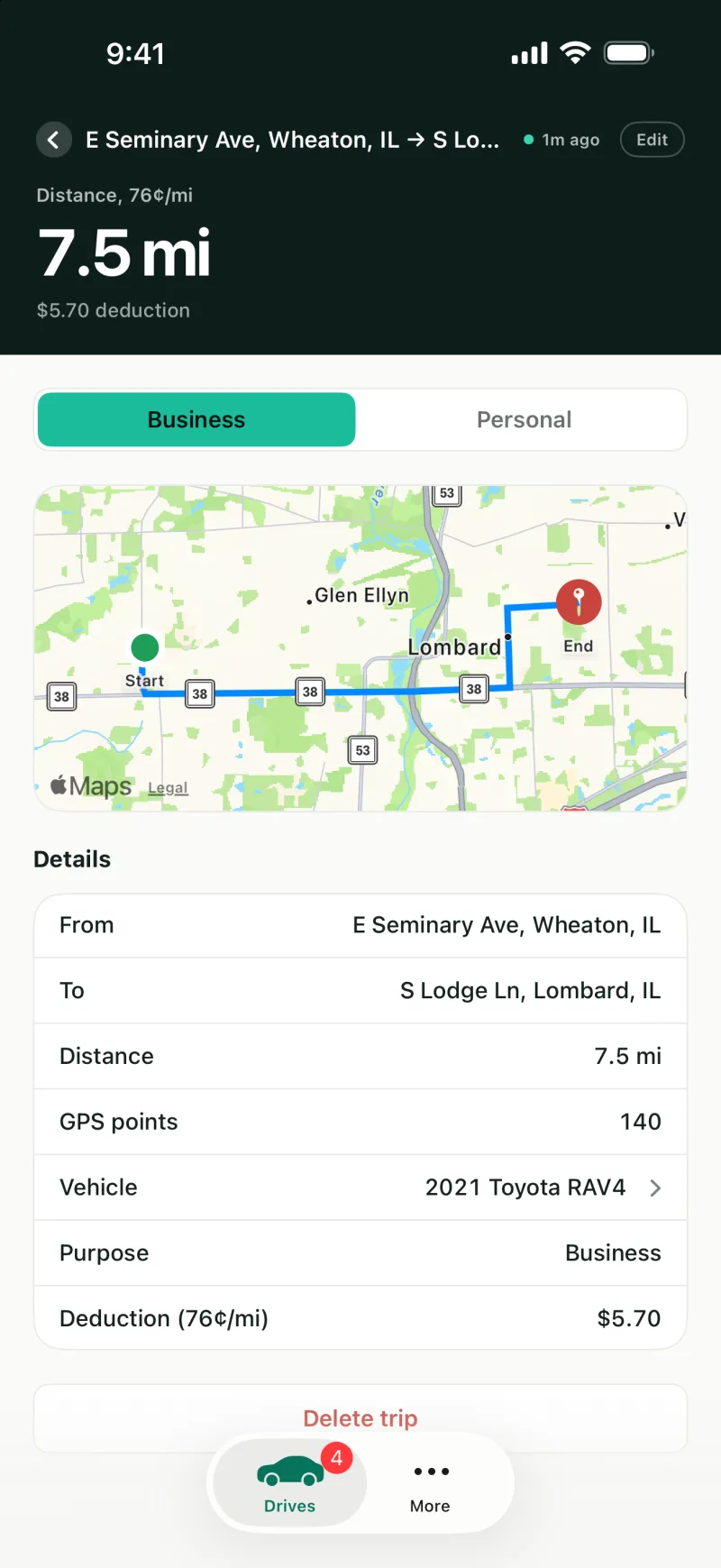 One drive's detail: its route on a map, the miles and the business purpose