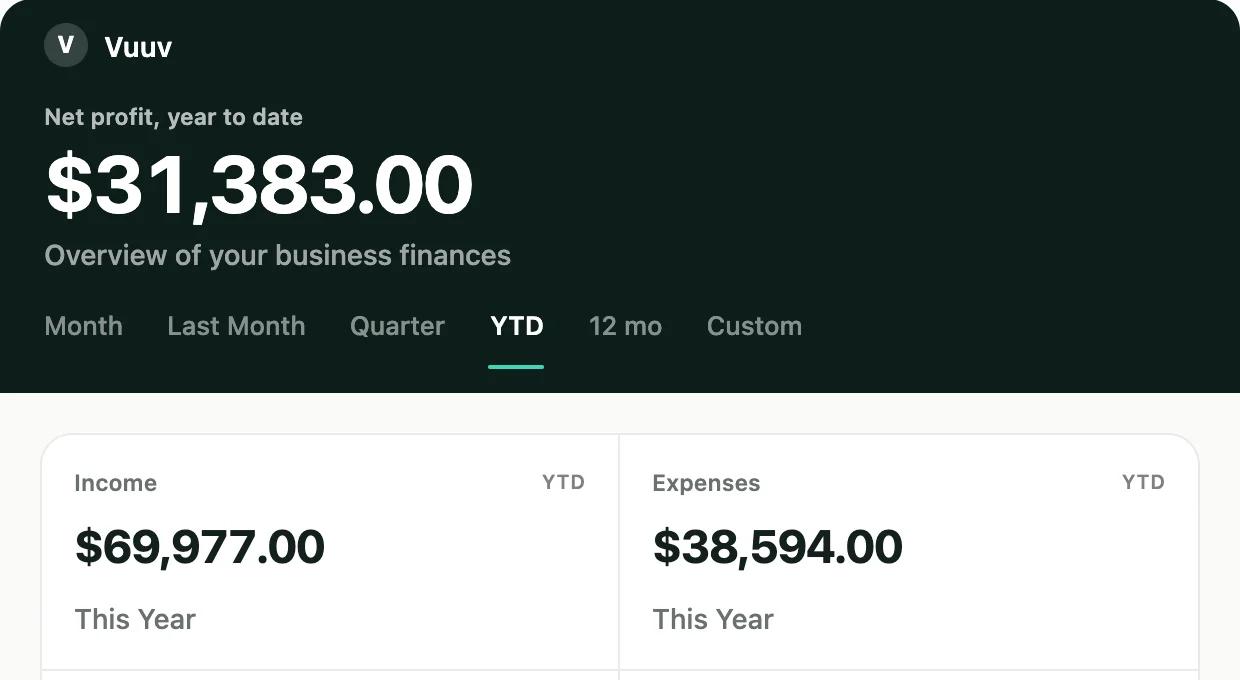 The Vuuv dashboard: net profit for the year, with income and expenses