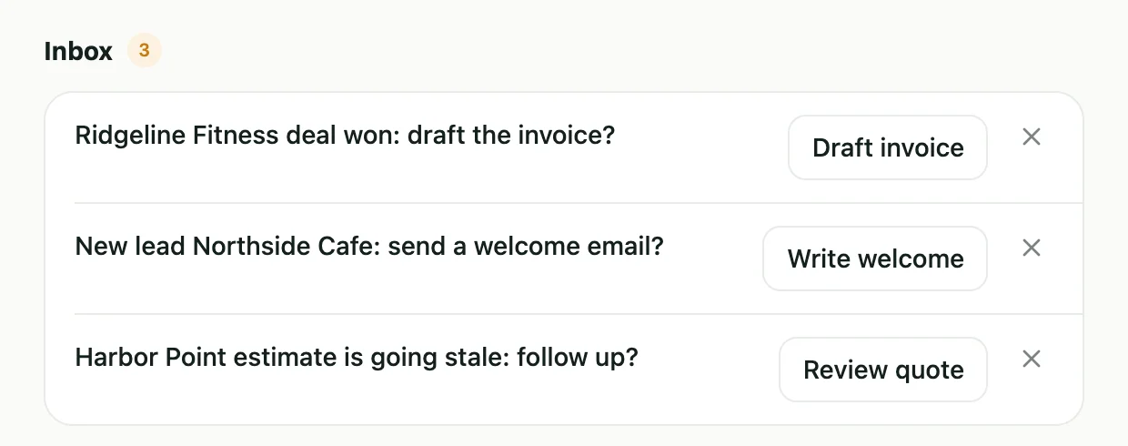 The CRM's Today inbox: a deal won with the invoice to draft, a new lead to welcome, and an estimate going stale