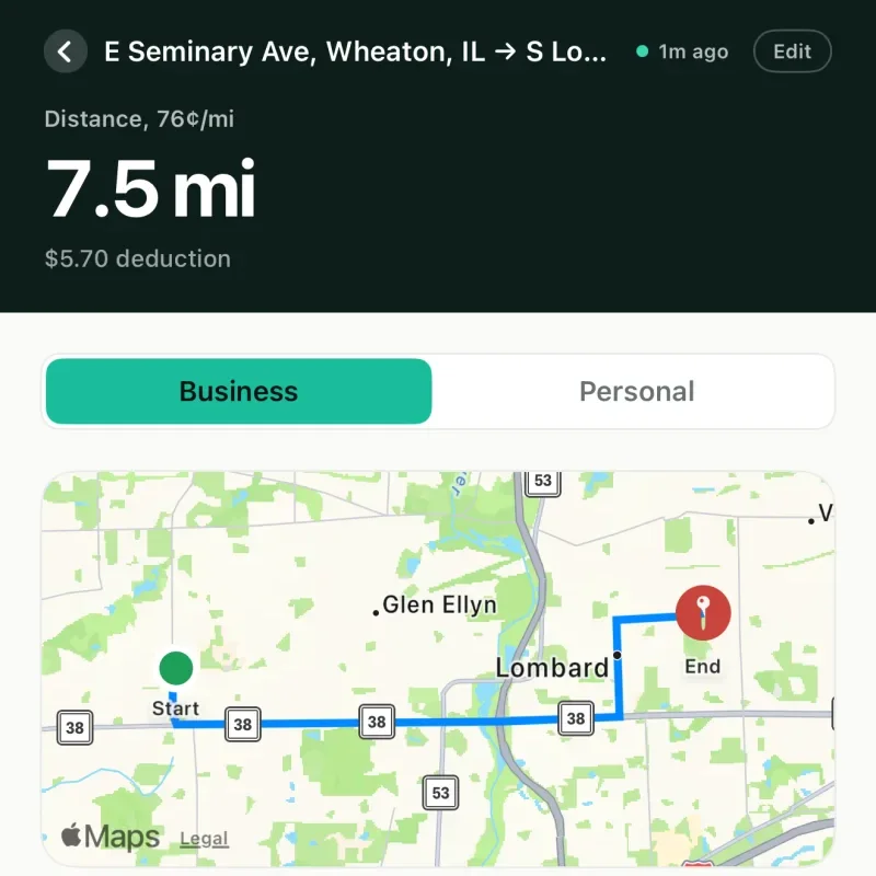 A drive in the Driven app: 7.5 miles, a $5.70 deduction, marked business, with its route on a map