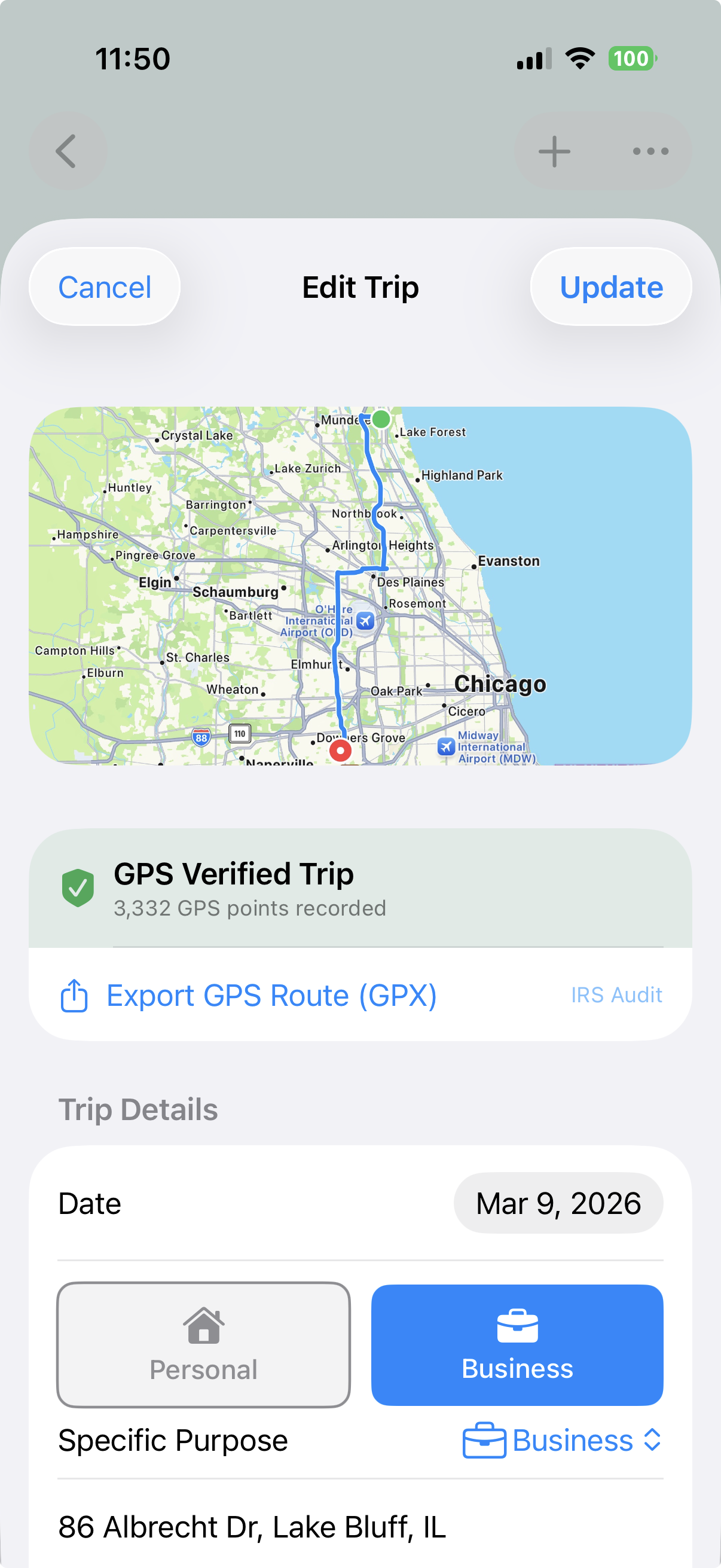 Vuuv mileage tracker app GPS route map showing a verified trip