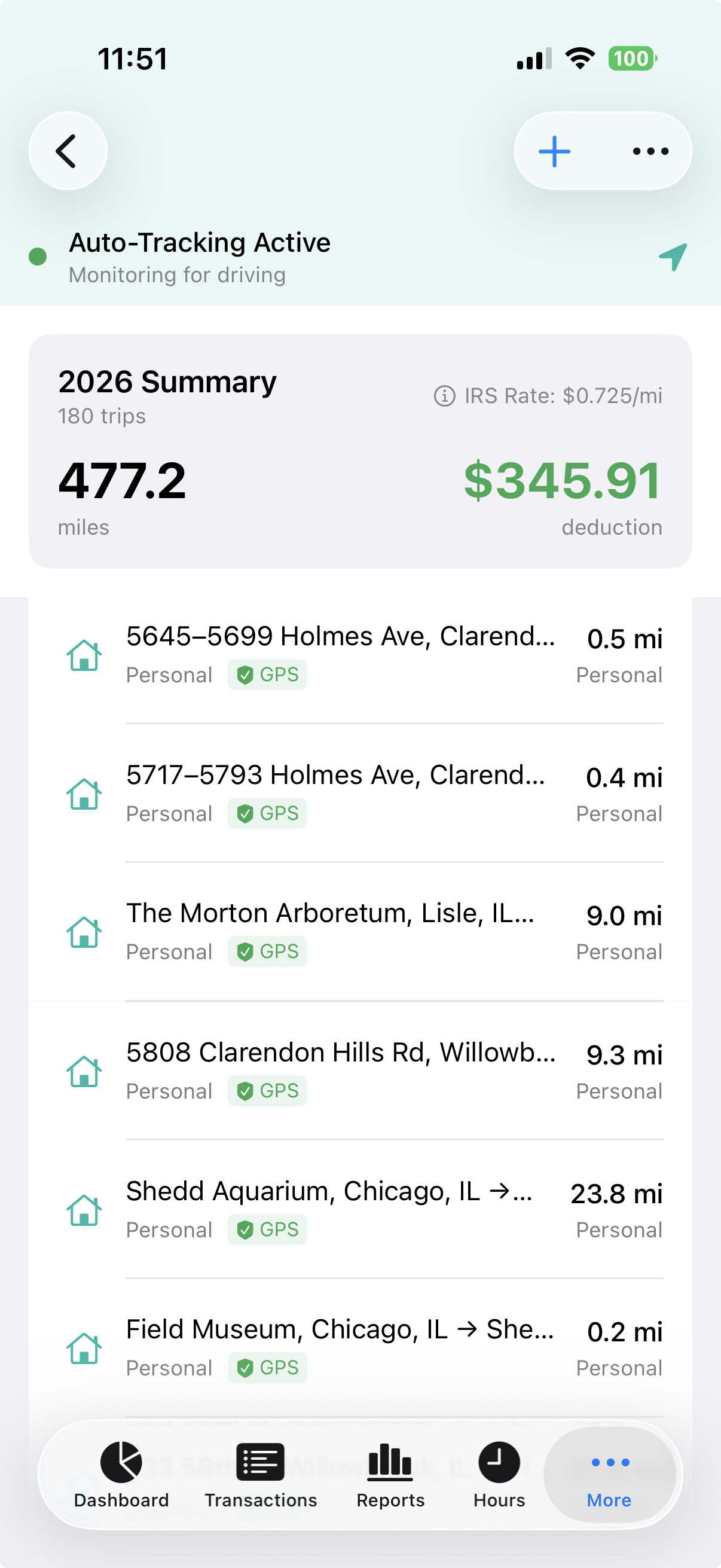 Vuuv mileage tracker app trip list with deduction summary