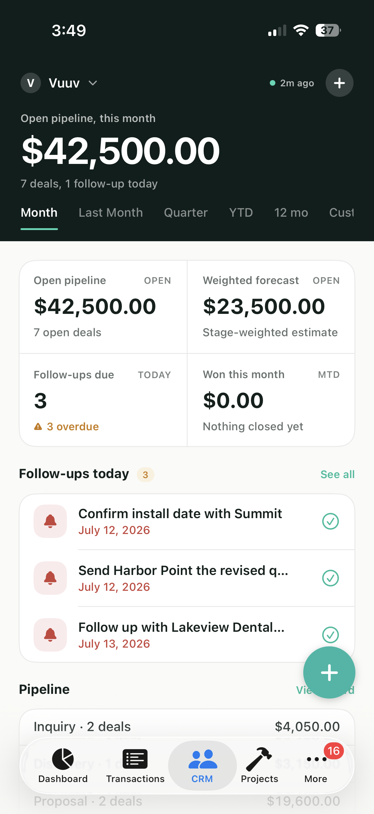 Vuuv CRM pipeline on iPhone showing open deals and follow-ups due today
