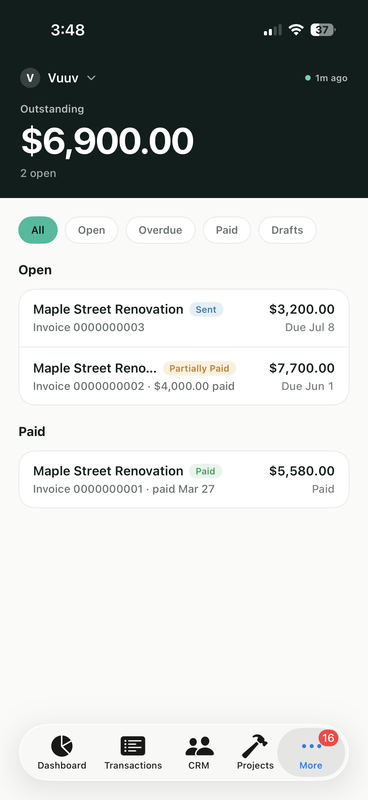 Vuuv invoices on iPhone showing outstanding balance and open invoices