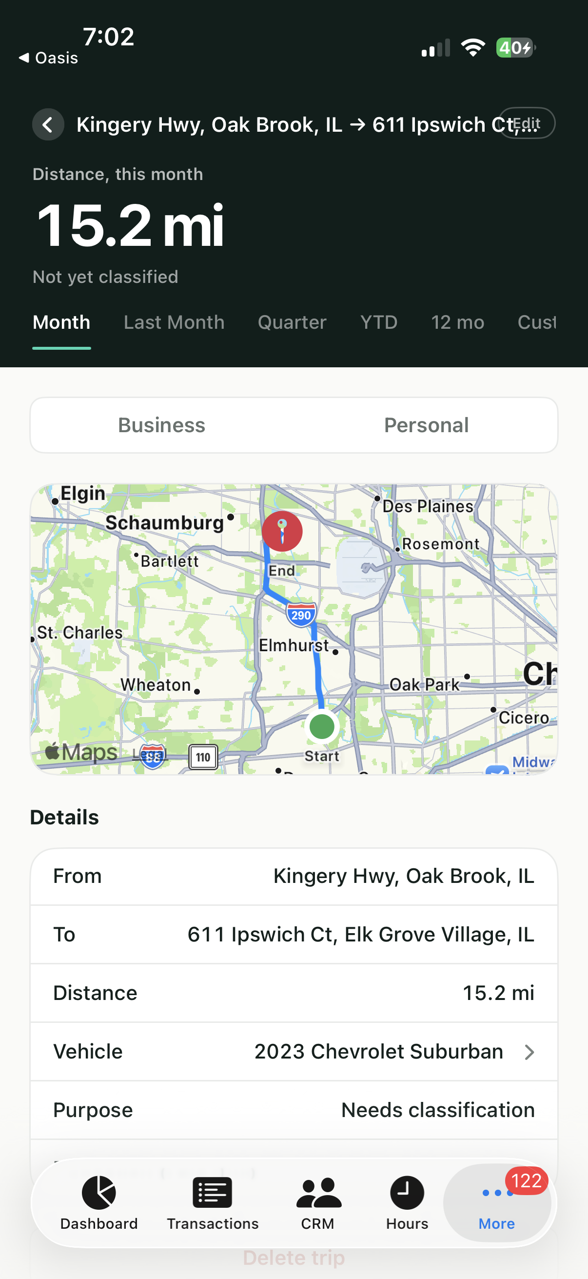 Vuuv mileage tracker app GPS route map showing a verified trip