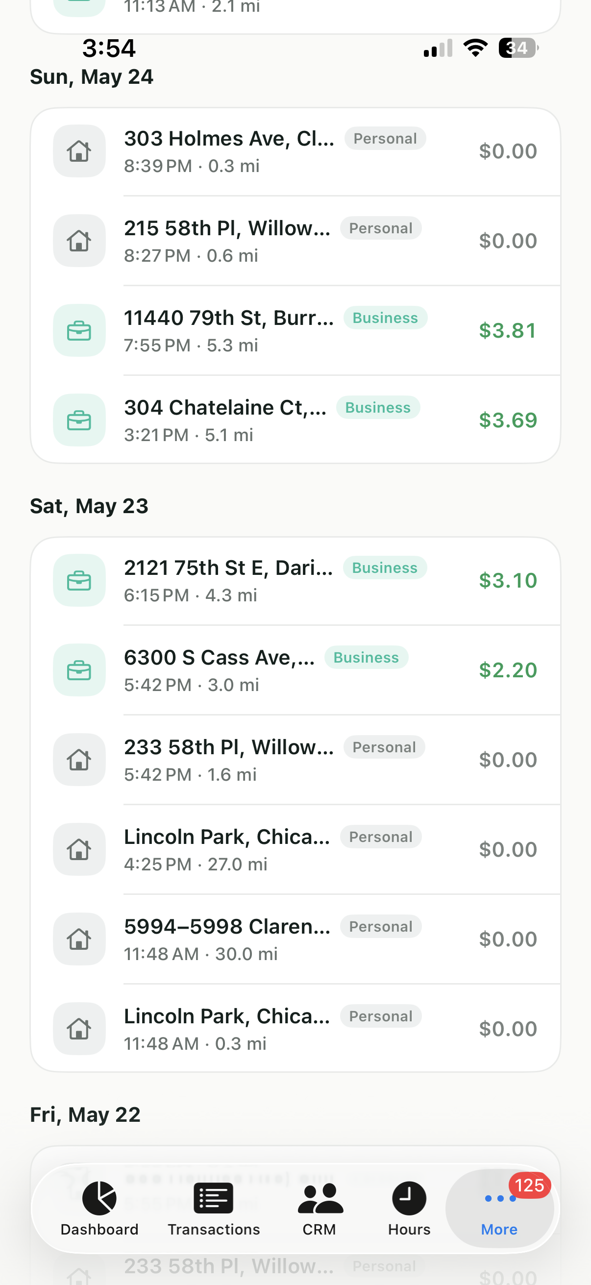 Vuuv mileage tracker app trip list with deduction summary