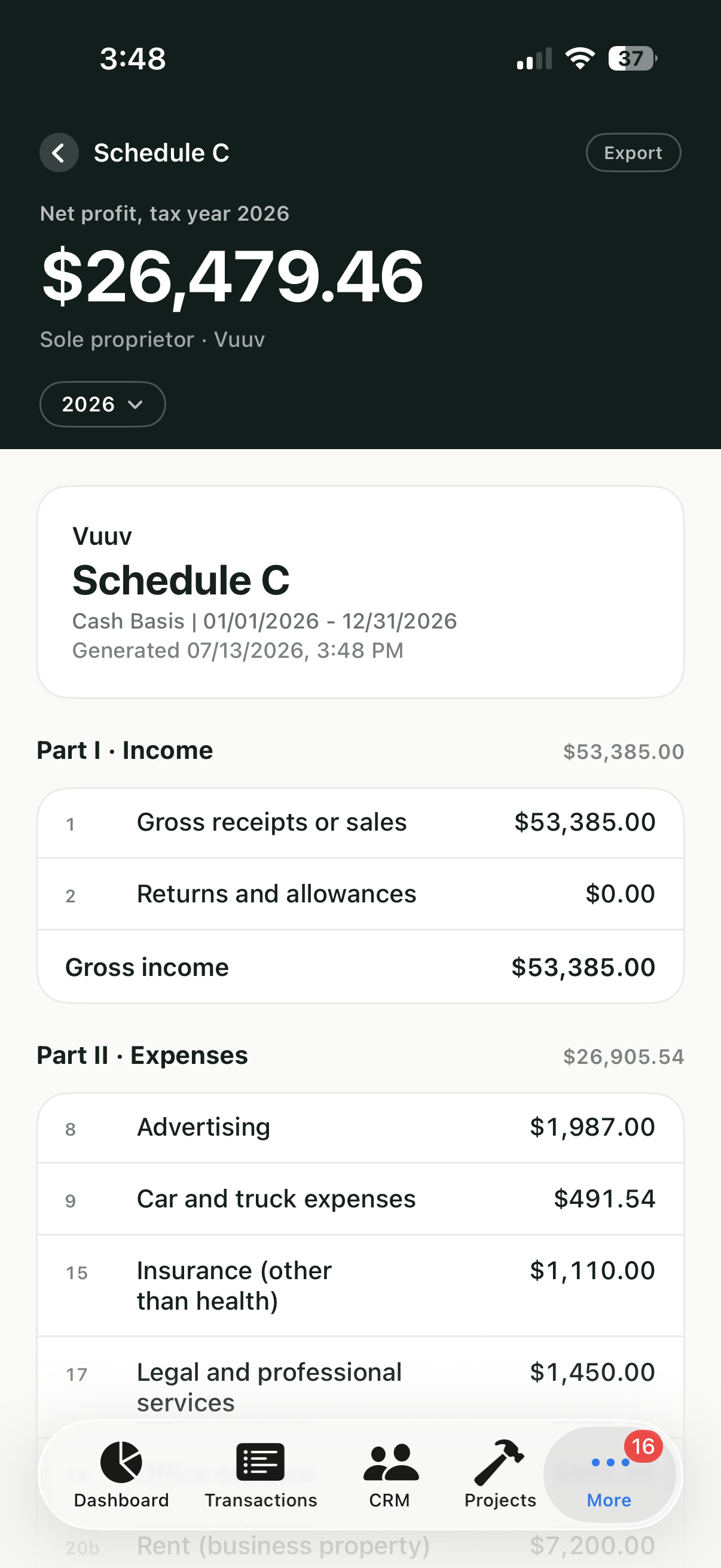 Vuuv Schedule C report on iPhone showing net profit and IRS line items