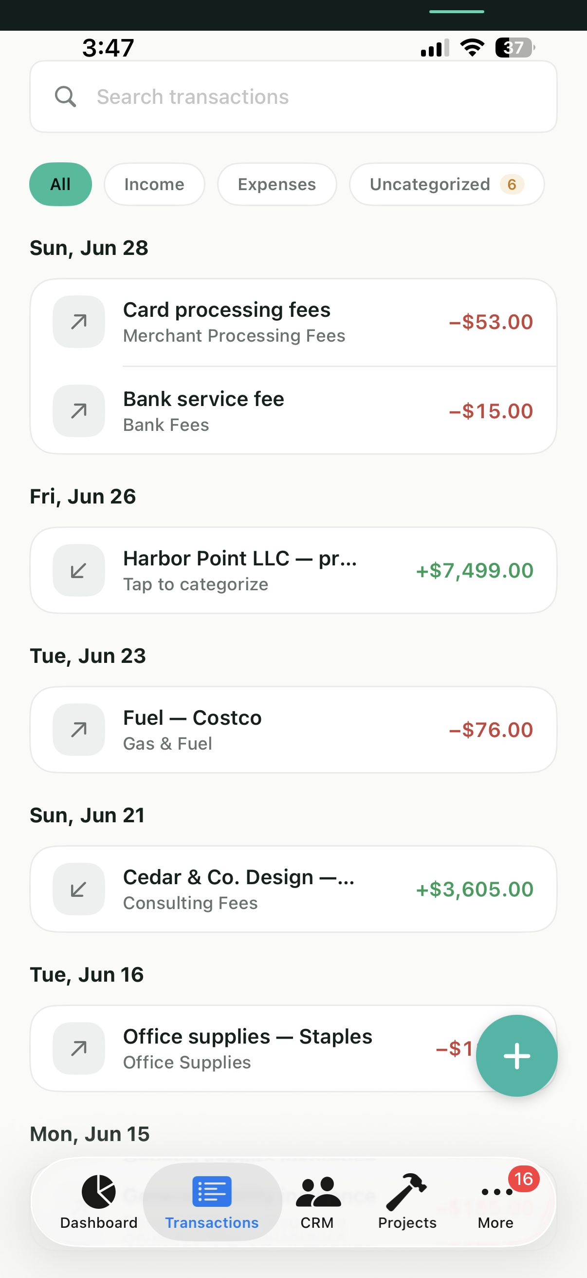 Vuuv transactions on iPhone showing categorized expenses