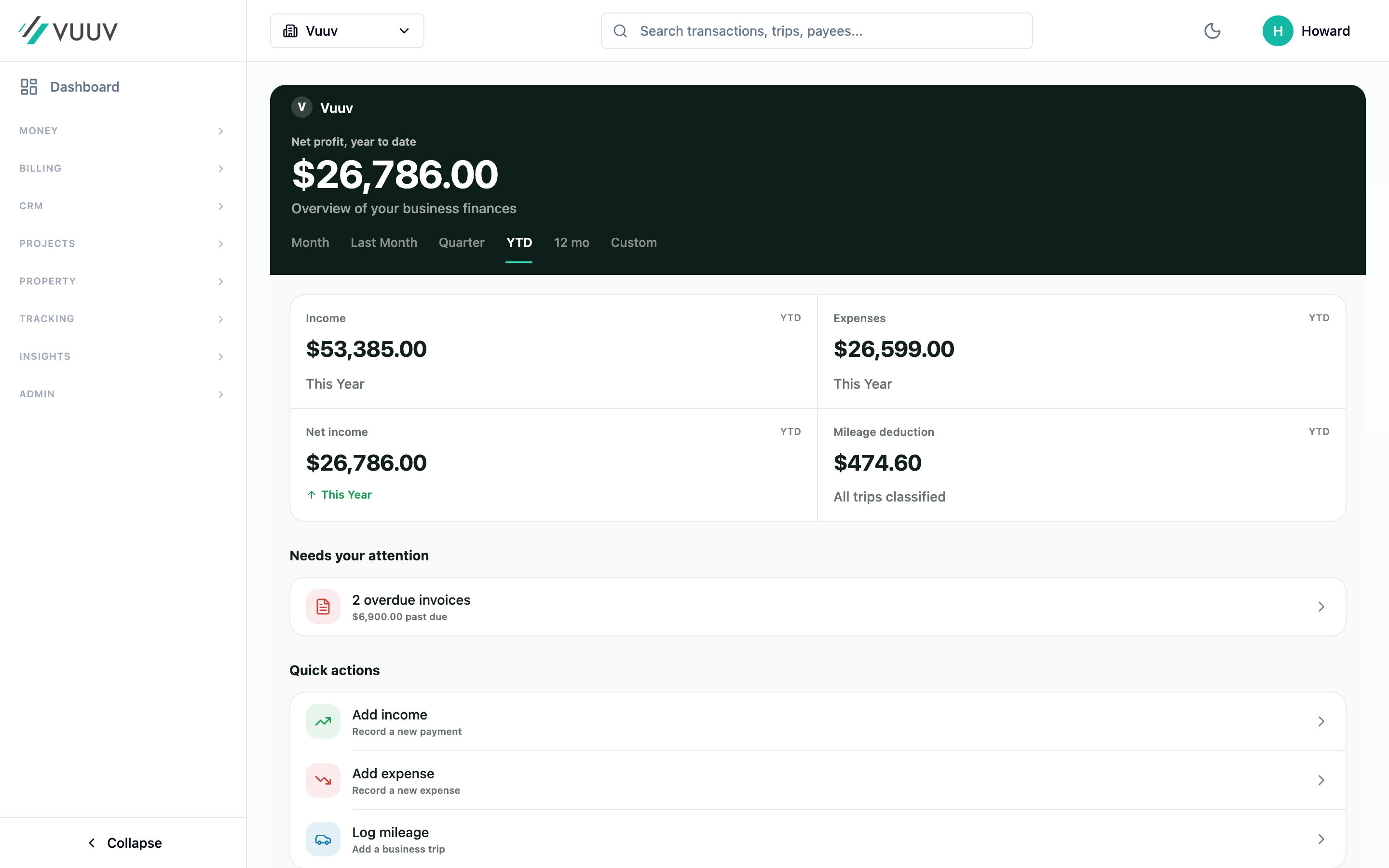The Vuuv dashboard showing year-to-date profit, income, expenses, and the mileage deduction
