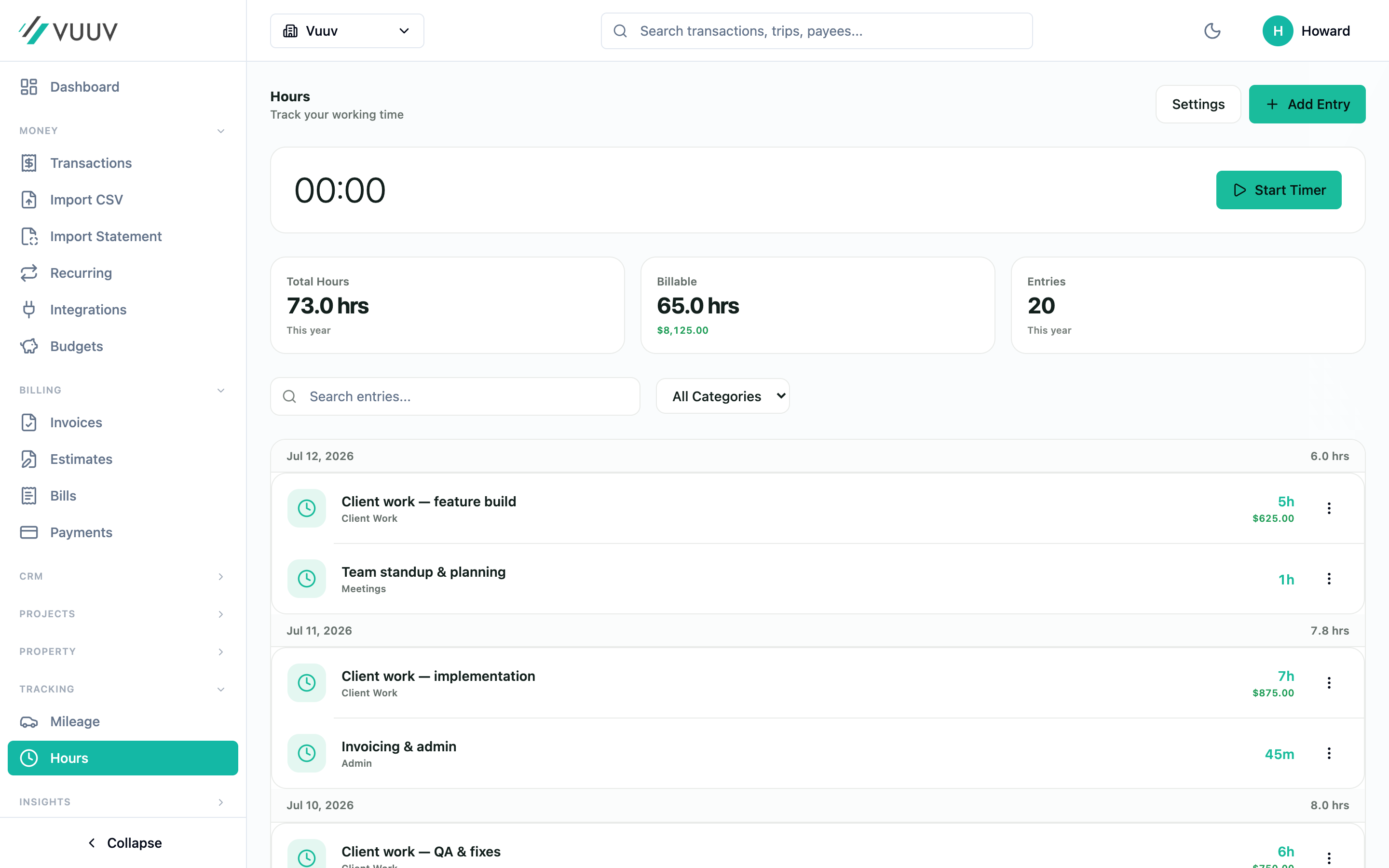 Vuuv hours screen tracking billable time by client and project