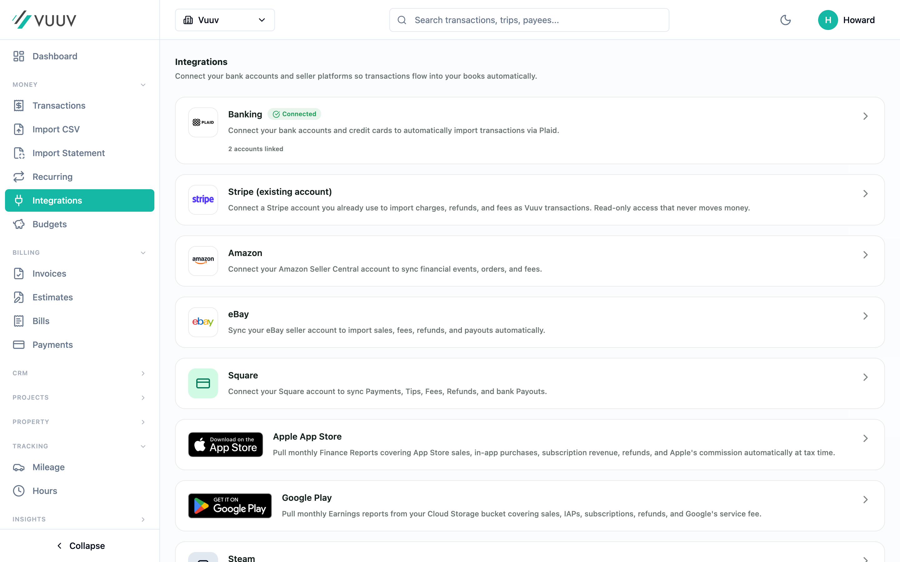 Vuuv integrations page showing connected apps and marketplace accounts