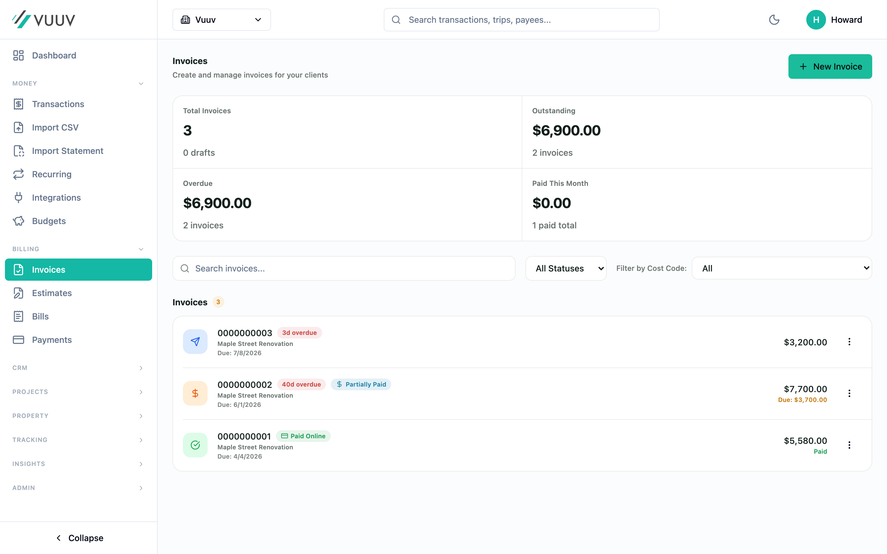 Vuuv invoices list with paid and overdue statuses