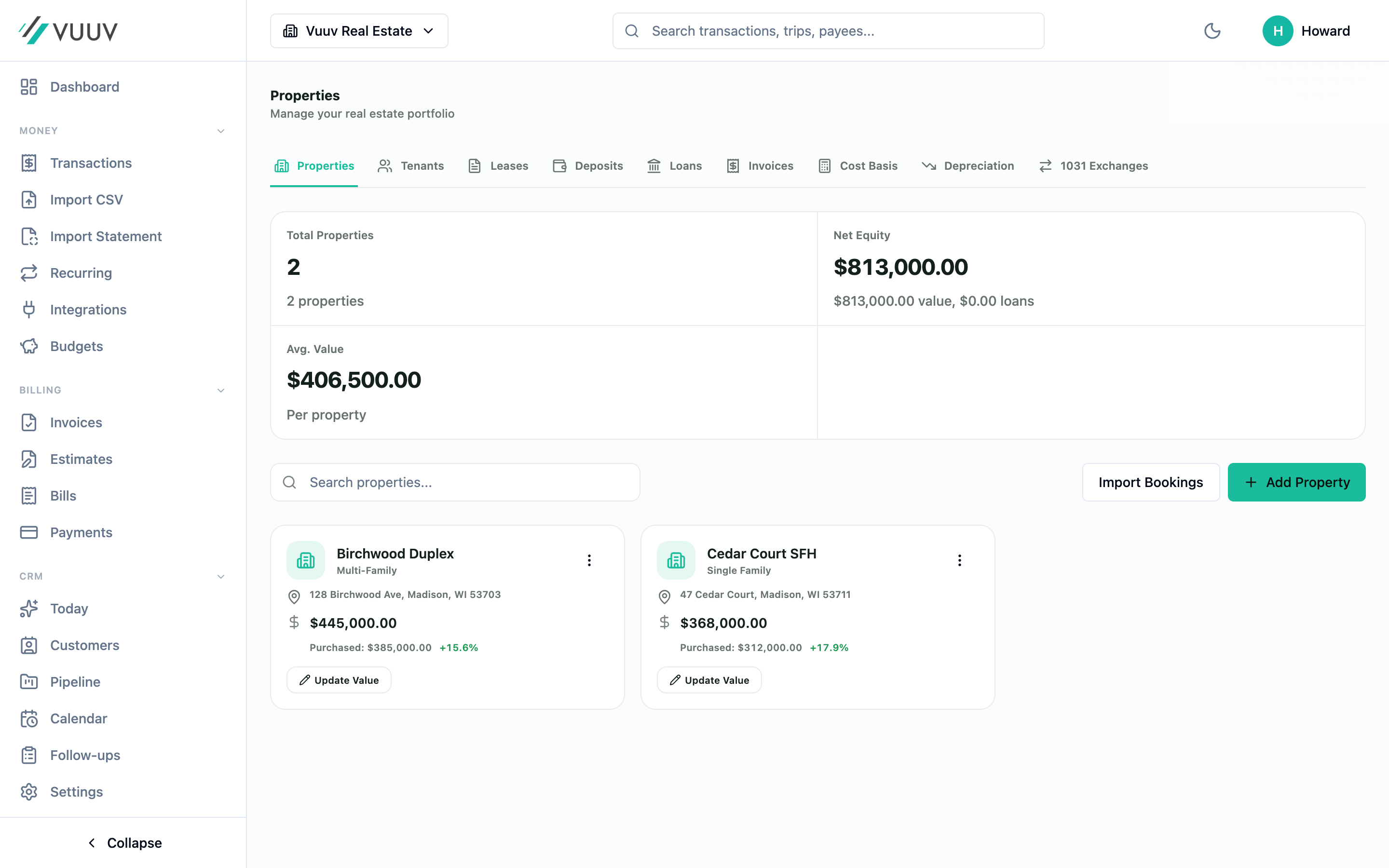 Vuuv properties list with income and expenses tracked per property
