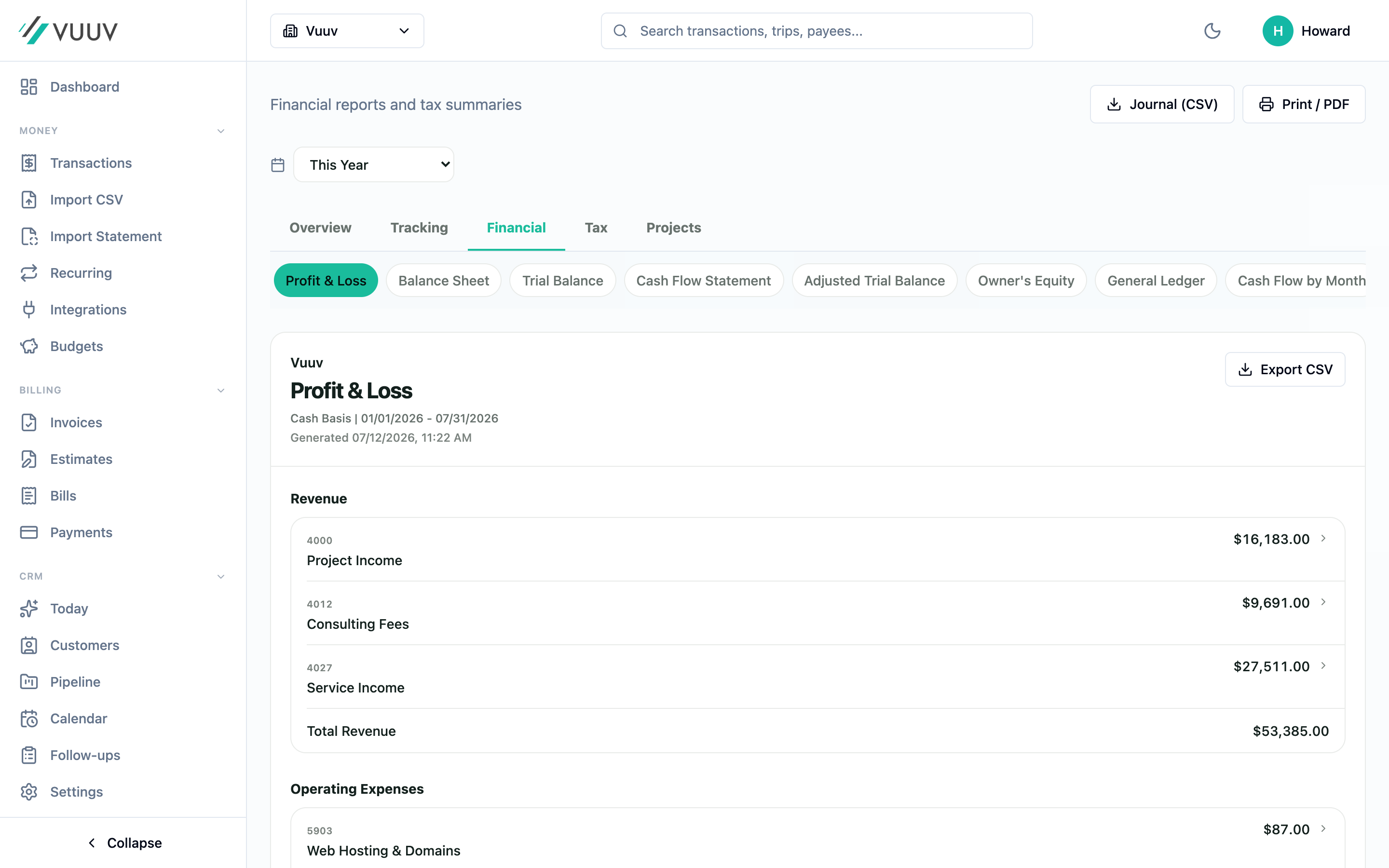 Vuuv profit and loss report showing revenue, expenses, and net income by category