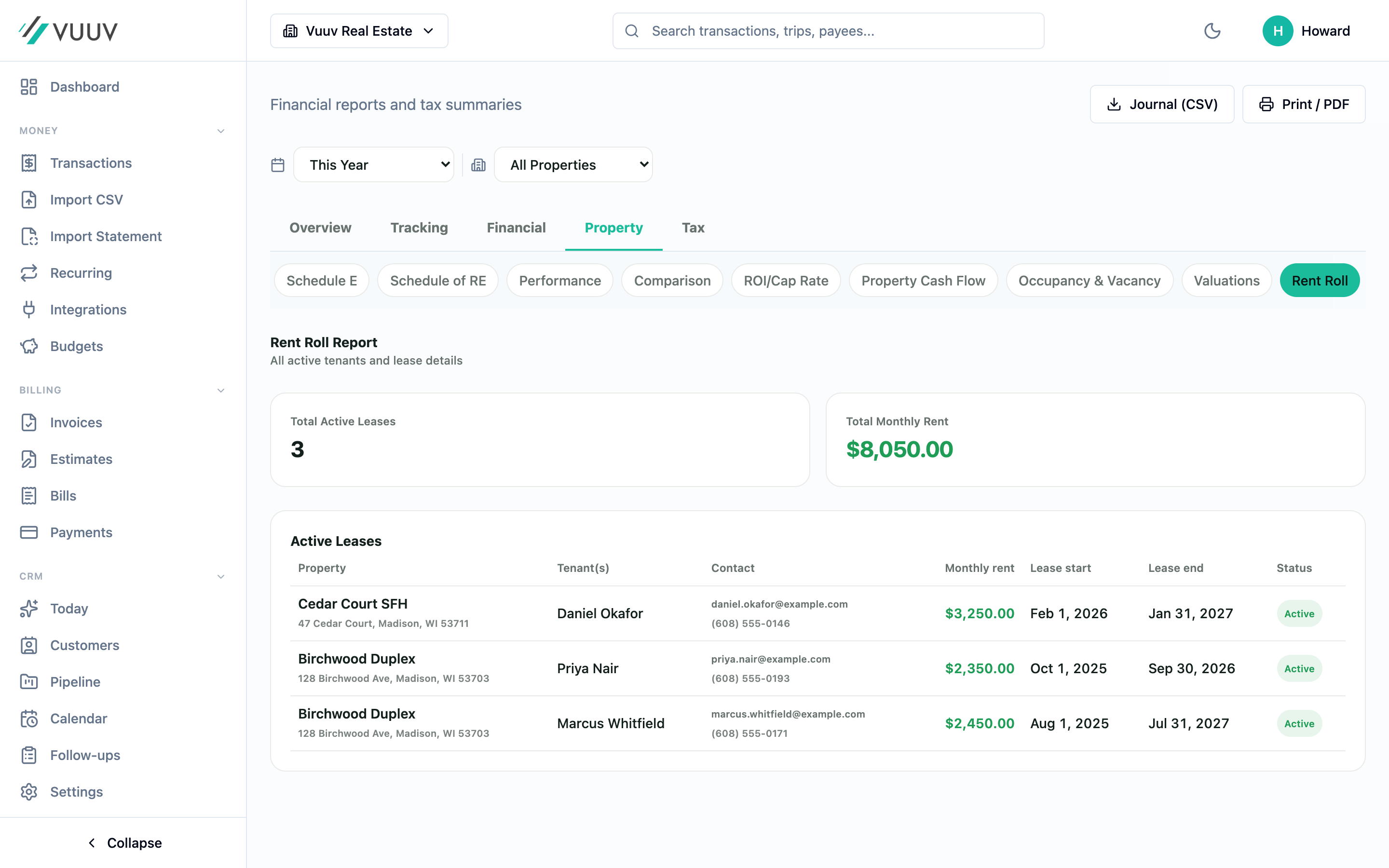 Vuuv rent roll report listing tenants, units, and rent due